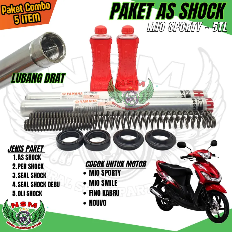 Paket As Shock Mio Sporty 5 item Mio Smile Nouvo Fino Karbu / Paketan Per Shock + As Shock + Oli Shock + Seal Debu + Seal Shock Mio lama 5tl 3