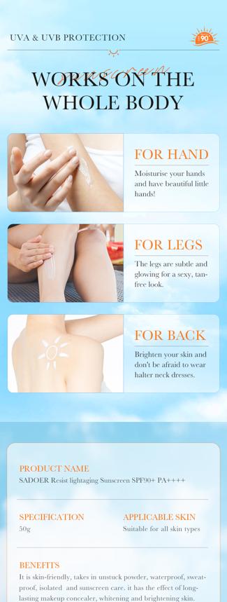 Product Introduction of SPF90 Full Band UV Blocking Resist Light-aging  Cream sunscreen Facial Nourishing Lasting Waterproof Sweatproof Skin Repair  Comfort Skincare PA++++ 9