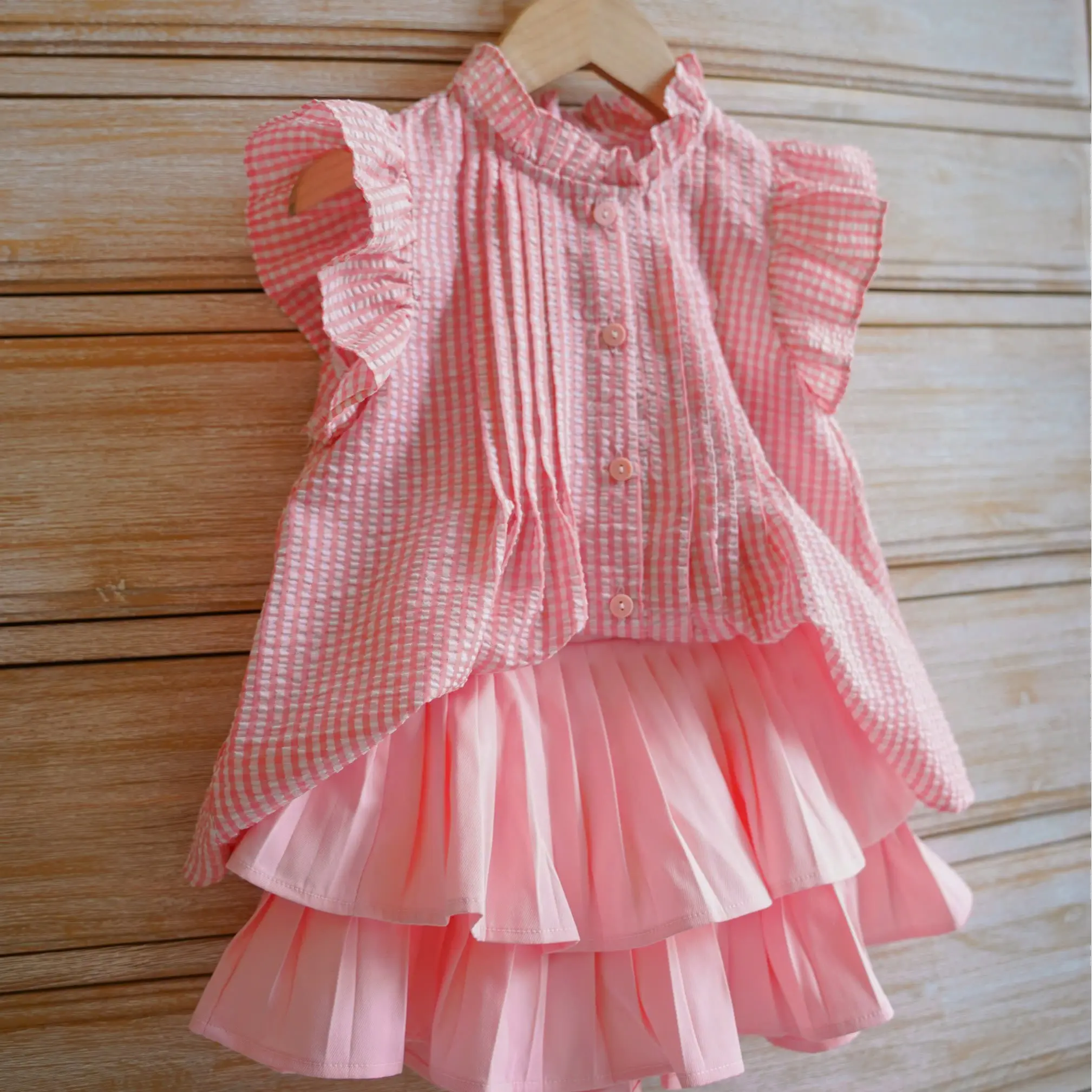 Mã S14: (10kg - 45kg) Set áo sọc chất cotton kèm chân váy chất cotton lạnh xếp ly 2 tầng cho bé gái
