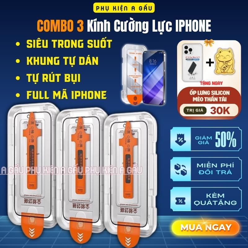 Combo 3 kính cường lực iphone trong suốt có khung tự dán, tự lấy bụi full màn cho ip X/XS/11/12/13/14/15/16/17 Pro/Plus/Promax, Kính cường lực che bụi loa - Tặng ốp chống sốc và mèo thần tài