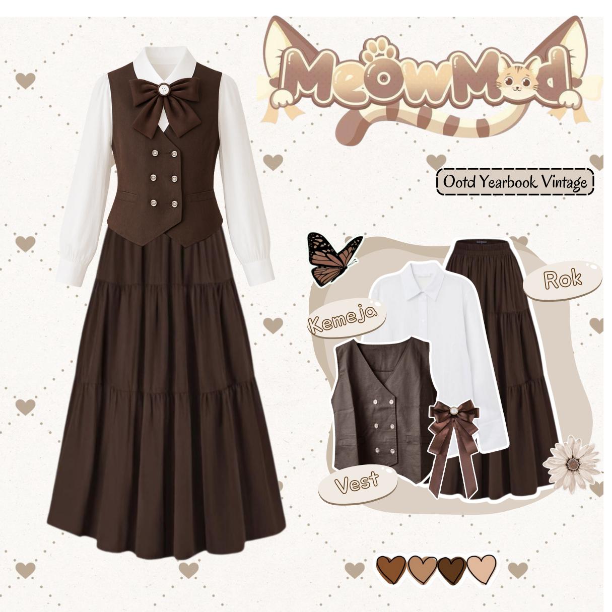 Molla Set Outfit Yearbook ( Pita + Vest + Kemeja + Rok Susun ) Setelan Simple Oneset Wanita -D13