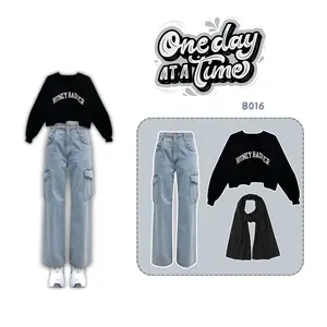 One Set 3in1 Fashion Remaja Setelan Sweater Crop Top Celana Cargo Jeans Highwaist Hijab Pashmina Ceruty Babydoll Outfit Wanita Dewasa Kekinian B016