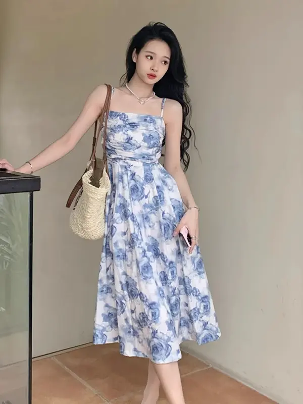 7873 midi dress putih cantik ke pantai press body tanpa lengan motif bunga wanita korean style gaun pesta mewah elegan import 8