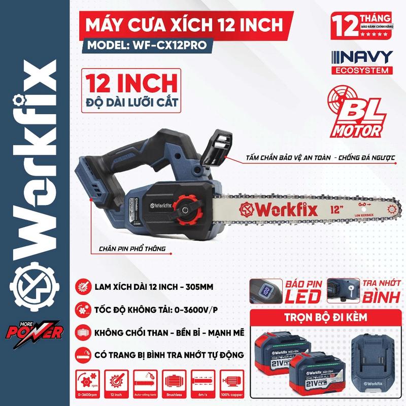 CODMáy cưa xích pin WORKFIX - CX12PRO, Lam xích 12inch, 2 Pin 15cell,Tra nhớt…