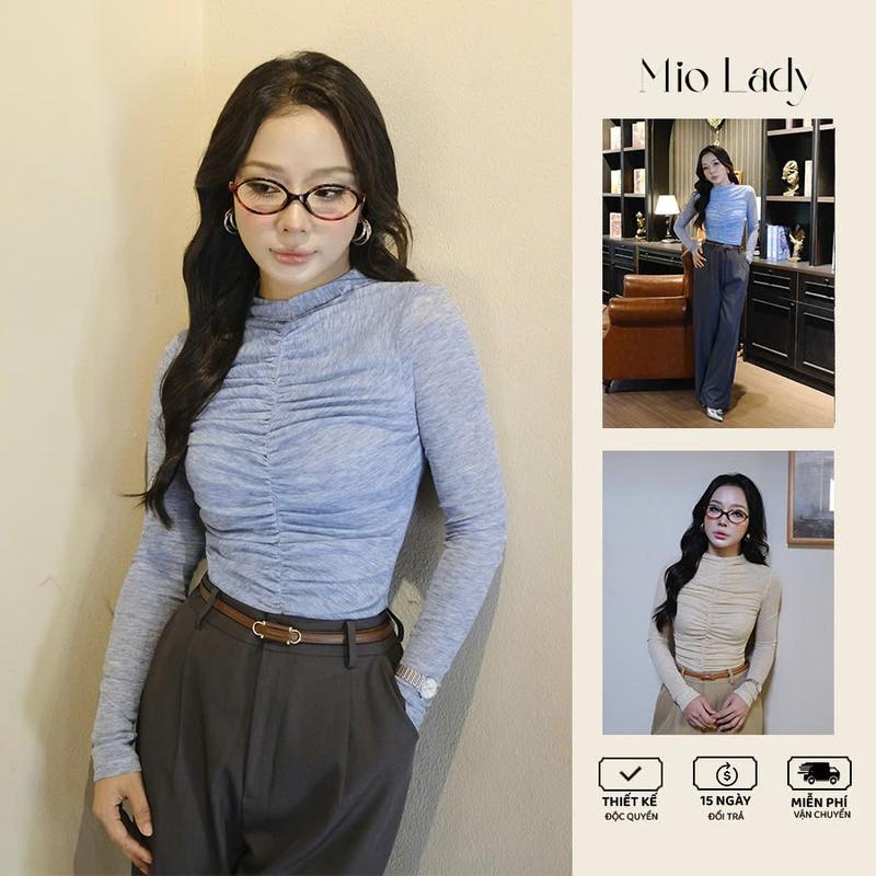 Áo thun nữ dài tay cổ leo muối tiêu, nhún ngực, co giãn, khóa sườn Mio Lady