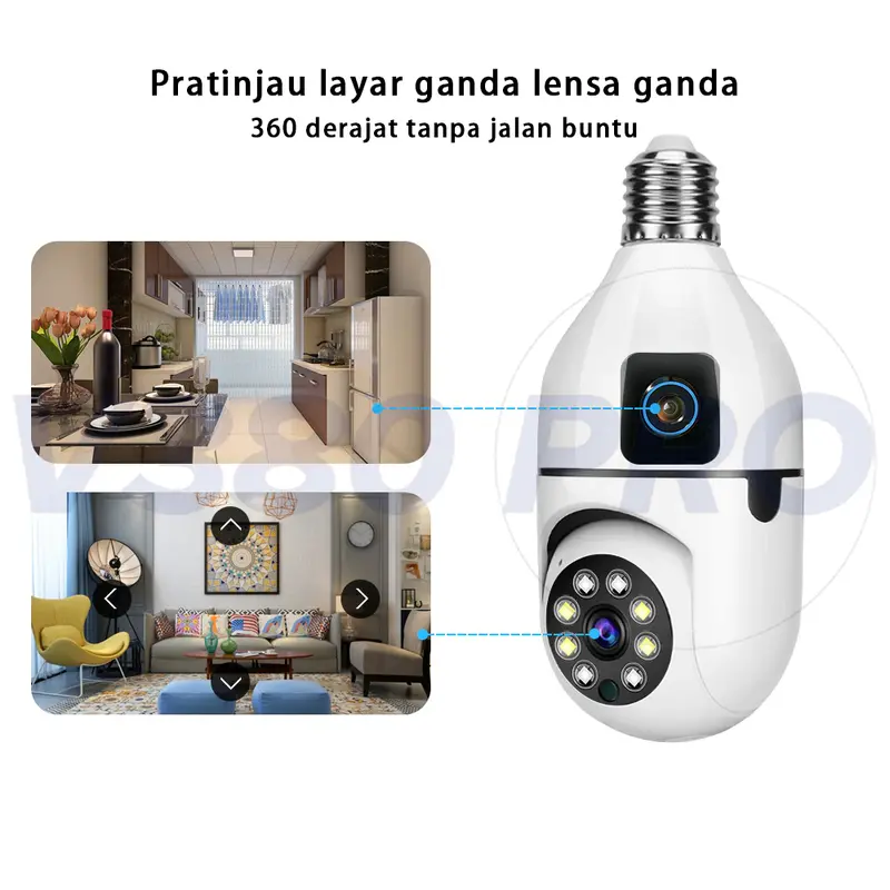 V380 Pro Kamera CCTV Bohlam Lensa Ganda Jarak Jauh 1080P WiFi Wireless CCTV Camera Night Vision PTZ 3