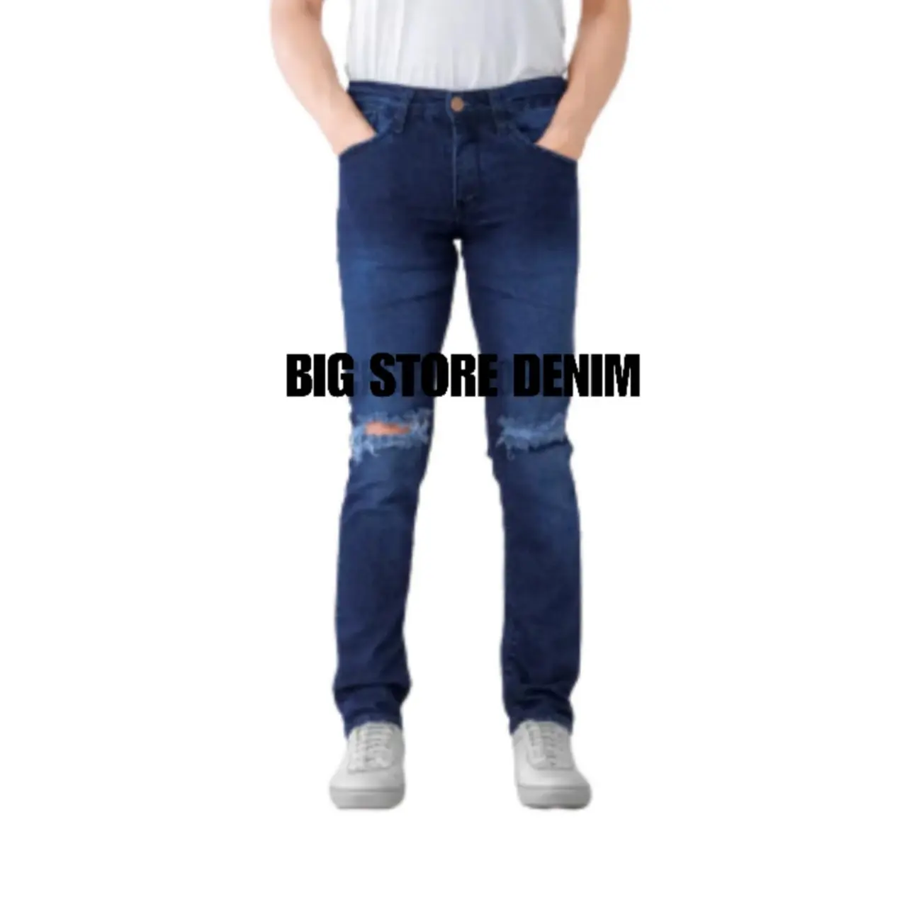 Celana Jeans Skinny Semi Slimfit Pria Bio Wash Big Size Jumbo 27-46 Sobek Lutut Ripped Jeans Bahan Streatch Panjang Pria Premium Distro Denim Semi Skinny Slim Fit Bandung Lembut - Biru, Nyaman Stretch Stretch slim  fit  jeans