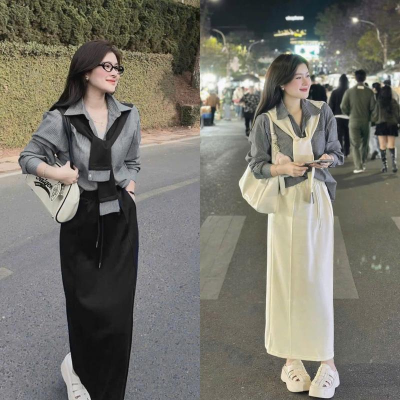 S928 (TÁO ĐỎ BIGSIZE 55-90KG) SET 3 MÓN THIẾT KẾ BIGSIZE ÁO SƠ MI SỌC + CHÂN VÁY DÁNG DÀI + KHĂN CHOÀNG