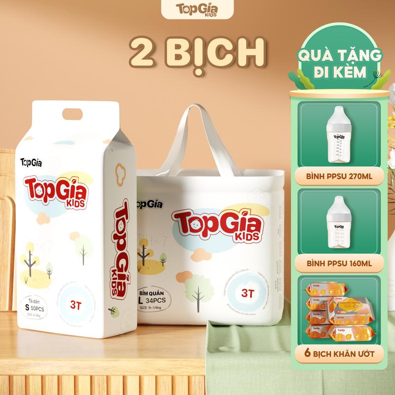 2 BỊCH (TẶNG QUÀ) Tã/Bỉm cho bé, bỉm TopGiaKids pH < 7 ngừa hăm, đai chun đệm mây mềm mại co dãn 4 chiều, thấm hút bề mặt khô thoáng size S đến XXXL cho bé từ 4-20kg kem (bỉm)