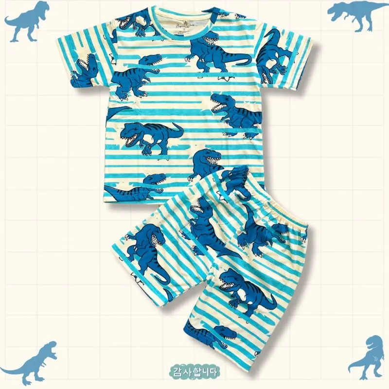 BIG SIZE SETELAN FULLPRINT ANAK DINO STRIP KOREA BAJU ANAK LENGAN PENDEK SETELAN ANAK COWOK