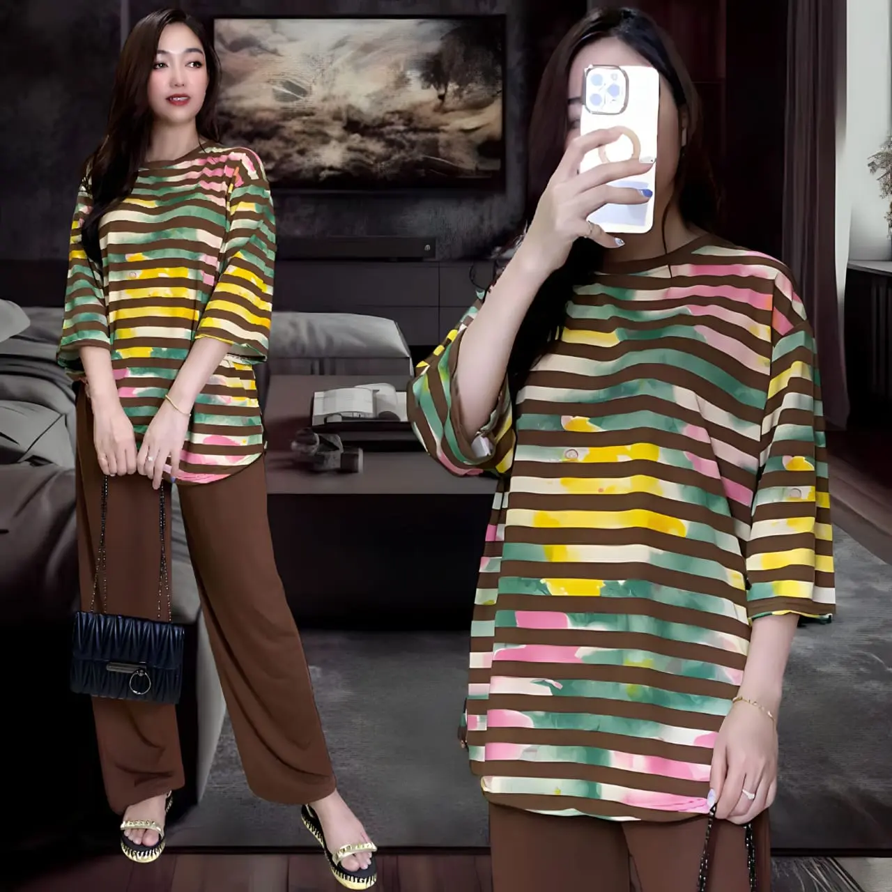 SHAKILA SETELAN WANITA LD 120 & LD 130 CELANA LURUS DAN ATASAN OVAL BELAHAN KIRI DAN KANAN OVERSIZE WANITA celana lurus karet kantor kaos santai Motif Baju