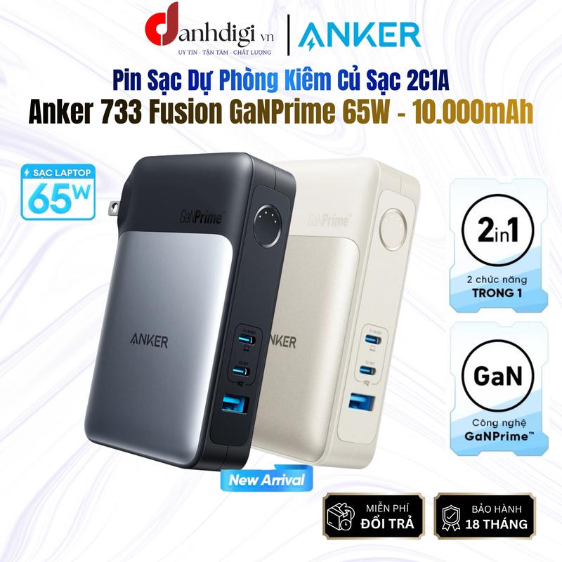 Pin sạc dự phòng kiêm củ sạc Anker 733 Fusion GaNPrime 65W 10.000mAh 3 cổng 2C1A sạc nhanh cho Laptop điện thoại nhỏ gọn tiện lợi - A1651