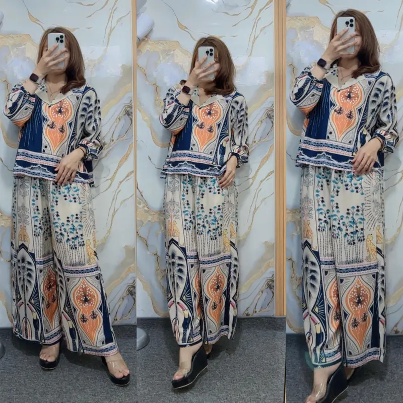 ONE SET CROP SETELAN CELANA KULOT WANITA HIGHTWAIST LENGAN 7/8 RAYON PREMIUM BUSUI FRIENDLY KANCING - SETELAN MOTIF CELANA KULOT BARU 1