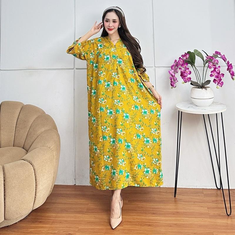 Daster Yuri Motif Bunga Kekinian Busui Leher V  Neck Daster Midi Viral Terbaru Rayon