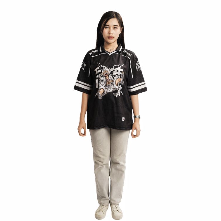 Jersey Boxy Oversize Jumbo PROMISE Onepiece Luffy Gear 5 Vintage Skena Unisex Pria Wanita Sport Big Size Hitam Putih
