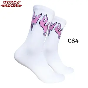 Kaos Kaki Oldschool Hype Skate Motif Pink Fire Putih - 4 Layer Benang - Odres.Sock - C84