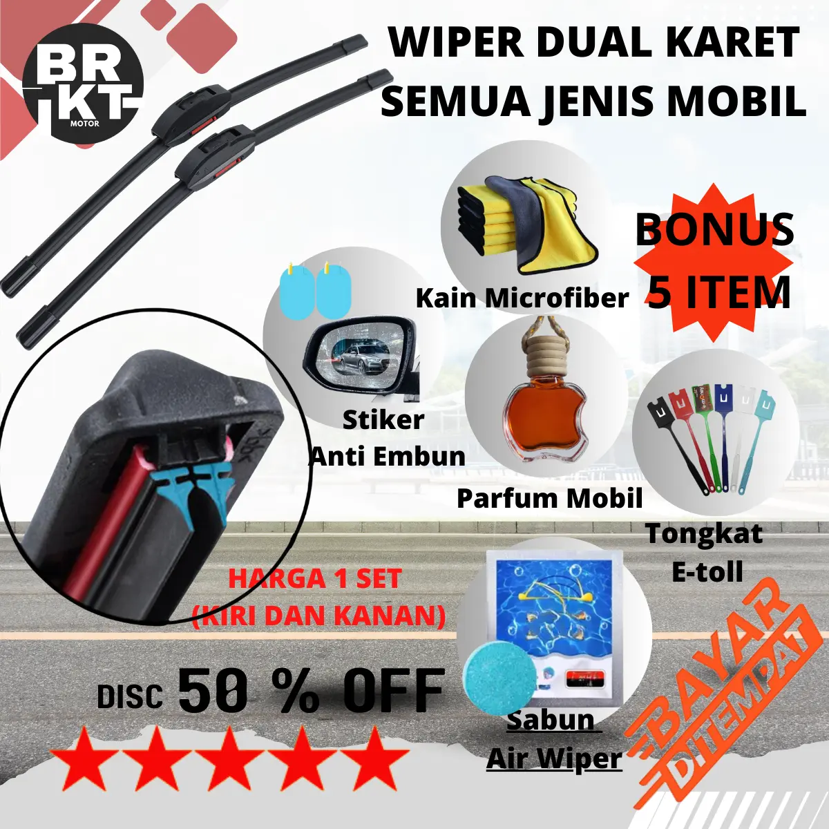 Wiper Double 2 Lapis Karet Universal untuk Semua Jenis Mobil 1 Set  Kiri dan Kanan Bonus 5 Item wiper  dual