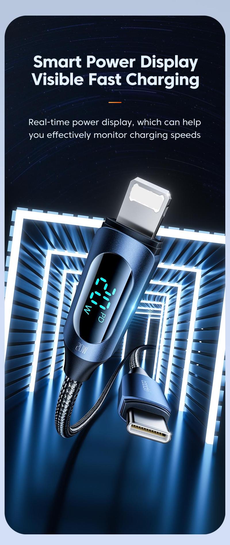 Product Introduction of Toocki Type C to Lightning Cable 20W PD Fast Charging Cable LED Digital Display USB C Cable 480Mbps Transmission Data Cord For iPhone 13 12 11 Pro Max XS X 8 Plus Charger 9
