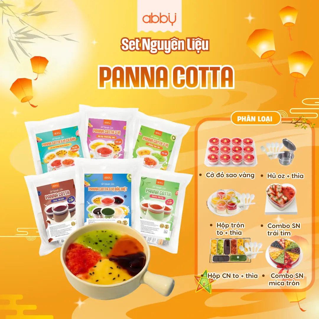 [ABBY] Set nguyên liệu làm  Panna cotta cờ đỏ sao vàng mix 3 vị, 5 vị siêu sốt - thành phẩm 50 -55 hũ - Bột trộn sẵn, mứt vị trái cây tự nhiên thơm ngon, dễ làm