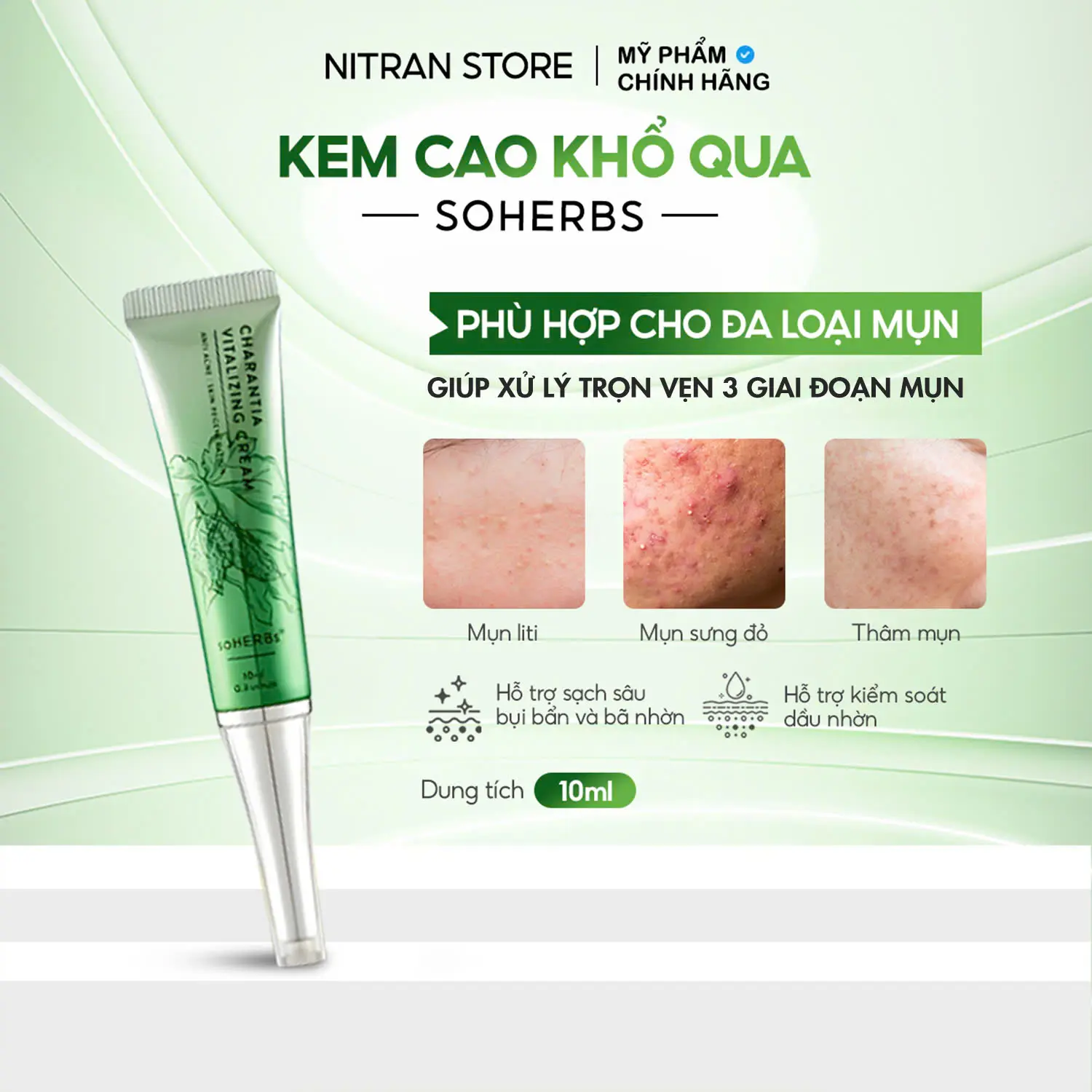 Kem Cao Khổ Qua 10ml Hỗ Trợ Giảm Mụn Skincare Kem Face Women Nữ Chăm Sóc Da Làm Đẹp Da không chứa silicon Kem Mụn Gel Mụn Nitran Soherb