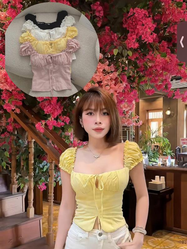 KATIE TOP - Áo croptop tay con nhún chất linen ướt, phía sau có chun co dãn size SML