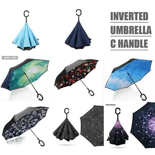 [SG Stock] Reverse UV Umbrella Inverted C-Type Long Handle Car Umbrella LightWeight Double Layer Self Standing Drip Free