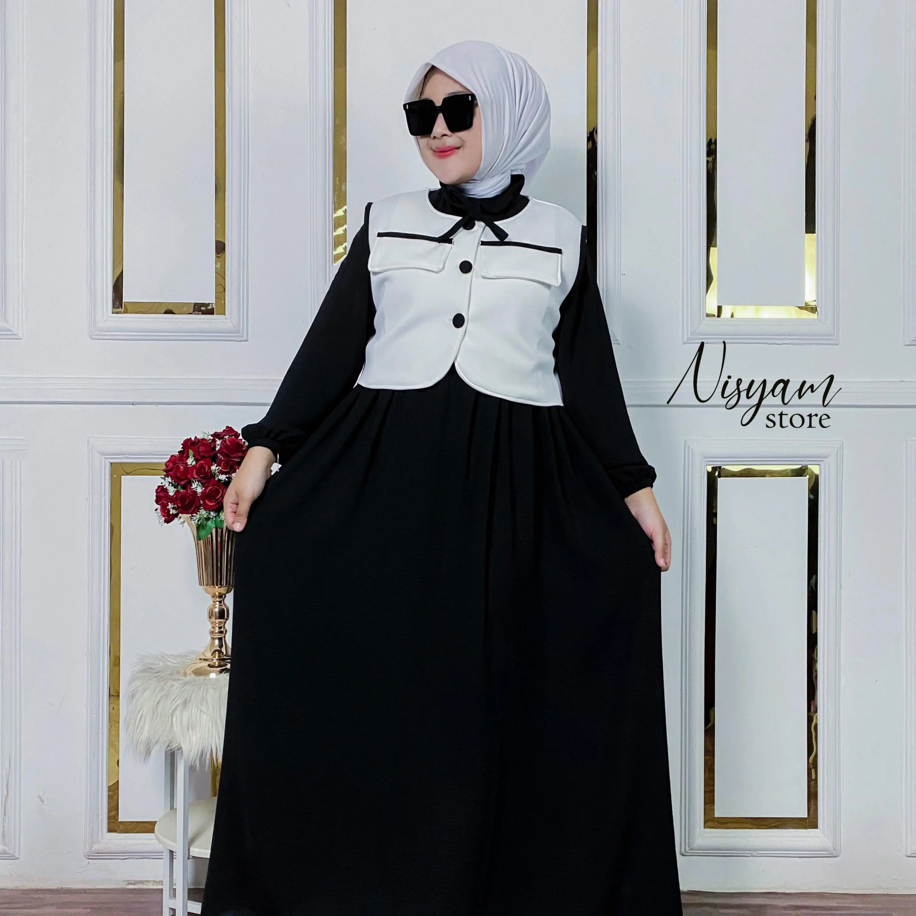 Alysa Dress - Midi Dress 2in1 Set Rompi Scuba Premium | Gamis Vest Korean Style Terbaru | Gaun Wanita Dewasa Muslimah | Gamis Hitam Mewah Crinkle Airflow