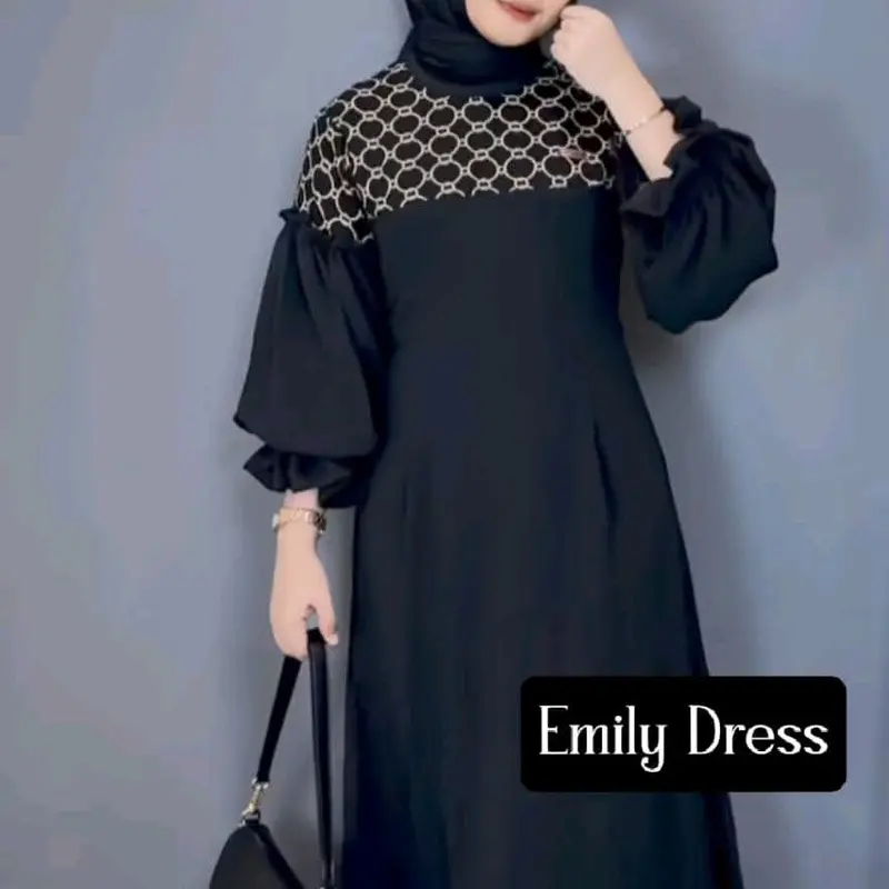 Emily Dress Series Pita Dan Rantai Kombinasi Motif Gamis Wanita Terbaru Bahan Twill Rayon Tebal Hitam 1