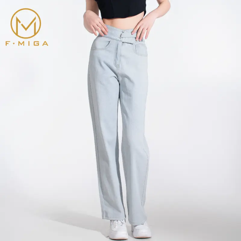 F·MIGA C33 Wanita Korean Style Kulot Boyfriend High Waist Bagy Wide Leg Straight Panjang Denim Loose Celana Jeans Wanita - Biru