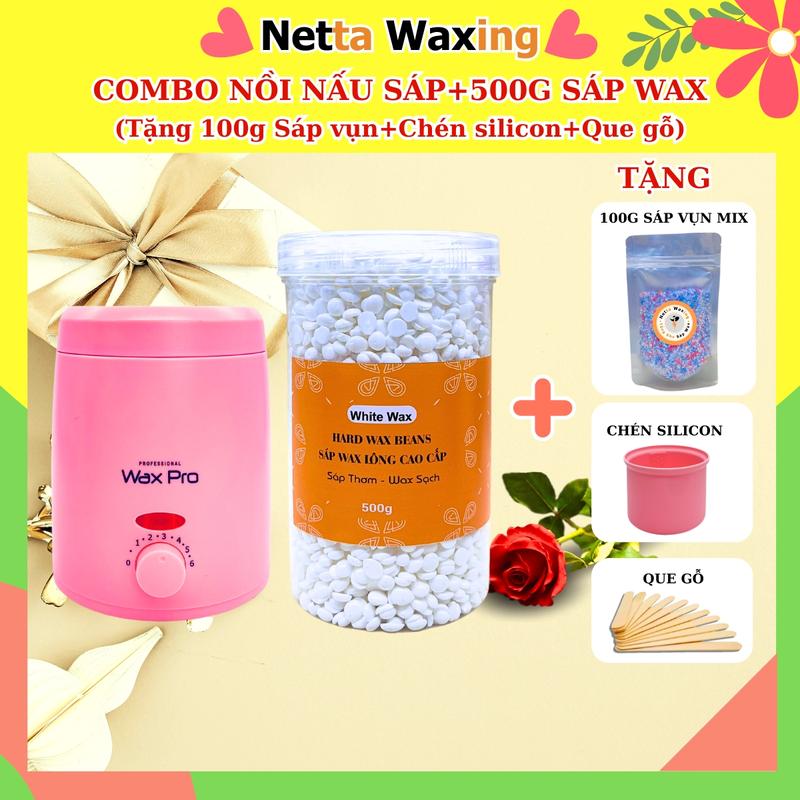 [TẶNG 100G SÁP+CHÉN] Bộ Nồi Nấu Sáp và 500g Sáp Wax Lông Cao Cấp Netta Waxing kèm Que gỗ wax tẩy lông - Wax Nách, Wax Râu, Ria mép, Wax bikini, Wax Tay Chân, Wax Body Women Nữ Nam