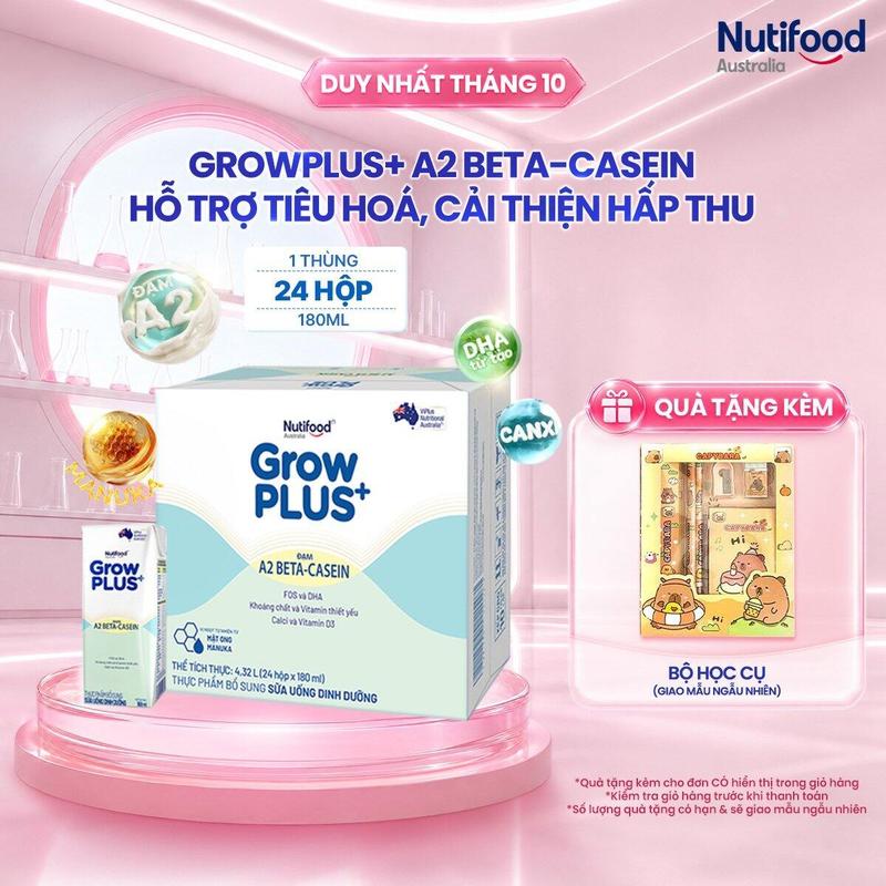 Thùng 24 hộp Sữa bột pha sẵn GrowPLUS+ Đạm A2 Beta-Casein 180ml hỗ trợ tiêu hóa, hấp thu dưỡng chất