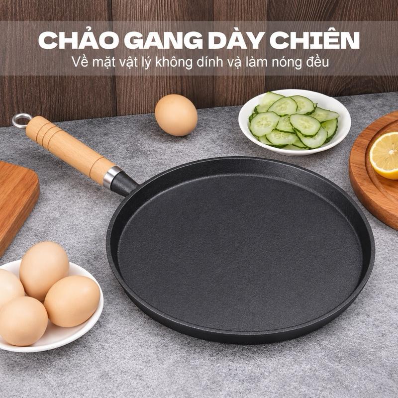 (Loại Đẹp) Chảo Gang Chống Dính Đúc Nguyên Khối 20cm, Đáy Phẳng Tay Cầm Gỗ Cách Nhiệt Thích Hợp Rán Nướng Pizza Pancake Bánh Xèo.