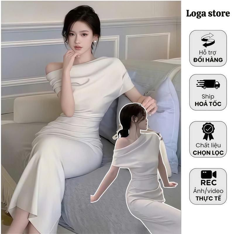 KLinh - Đầm Body Lệch Vai Dáng Dài Màu Kem Váy Dự đi Tiệc Sang Chảnh Chất Liệu Thun Umi Hàn May Cẩn Thận Form Chuẩn Logastore L.195