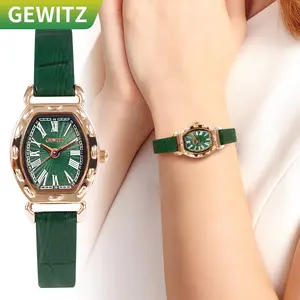 GEWITZ58002 Jam Tangan Wanita Retro Fashionable Bentuk Tong Anggur Elegan & Sederhana Cantik dengan Tali Kulit Hijau