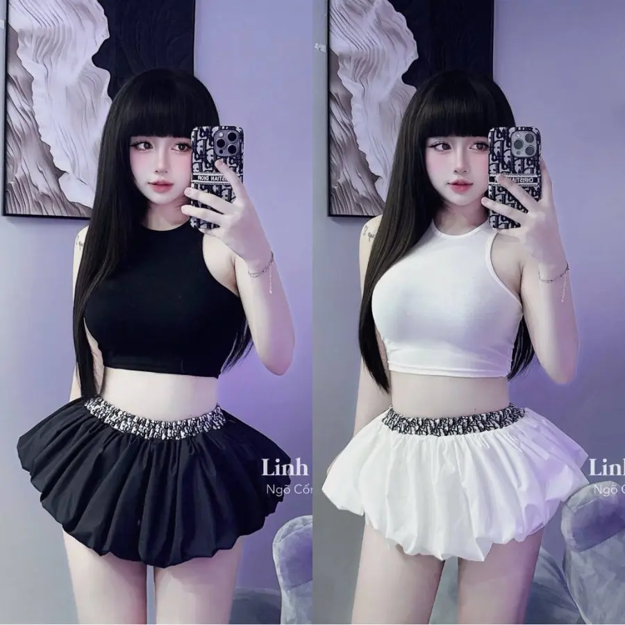 Set Áo Thun Cotton Dáng Croptop Phối Chân Váy Thô Bí Phồng Trắng Đen Trẻ Trung Gợi Cảm Hottrend 2025