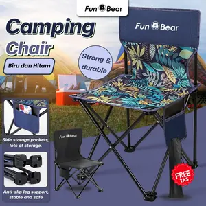 FUNBEAR Kursi Lipat Portable Outdoor Dewasa Fun Bear | Camping Chair Kuat dan Stabil | Kursi Mancing Lipat dengan Saku | Tersedia Biru & Hitam