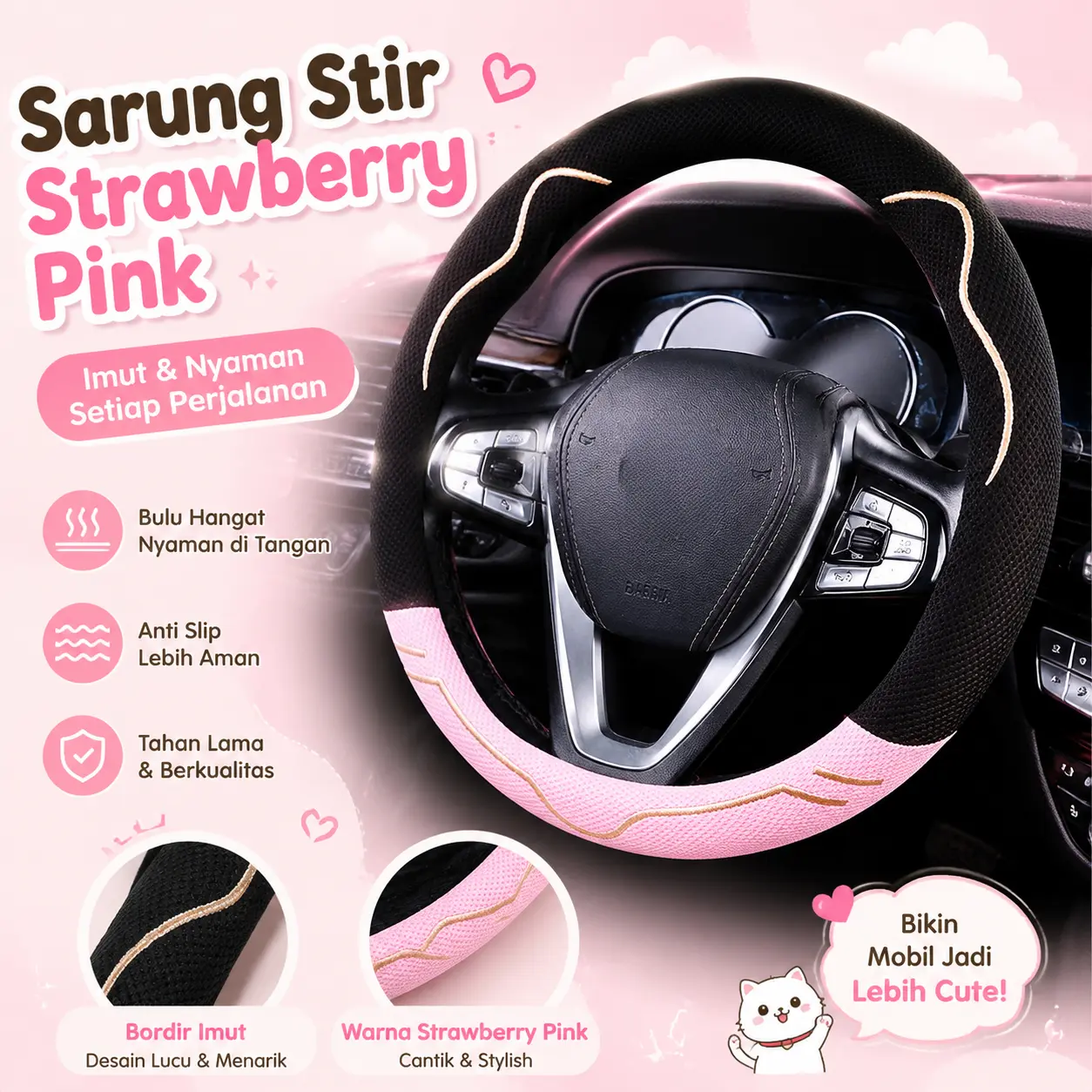 Sarung Stir Setir Mobil Cover Steer Universal Bentuk Kucing Lucu Bahan Sutra Es