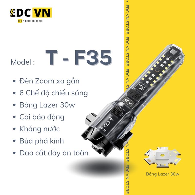 Đèn Pin F35 Led lazer zoom tỏa siêu sáng - còi báo động - cắt dây an toàn - phá kính - cod led – sạc cho điện thoại - 6 chế độ sáng - kháng nước