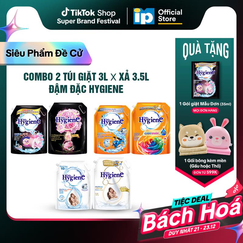 Combo Túi Nước Giặt Đậm Đặc Hygiene 3L x Nước Xả Vải Đậm Đặc Hygiene 3.5L Dịu Êm Ánh Dương Hạnh Phúc Hoa Mẫu Đơn