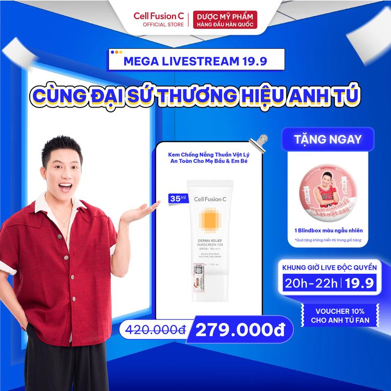 [20.9 Mega Live] Kem Chống Nắng Thuần Vật Lý An Toàn Cho Mẹ Bầu & Em Bé Cell Fusion C Derma Relief Sunscreen 100 SPF 50+ PA++++