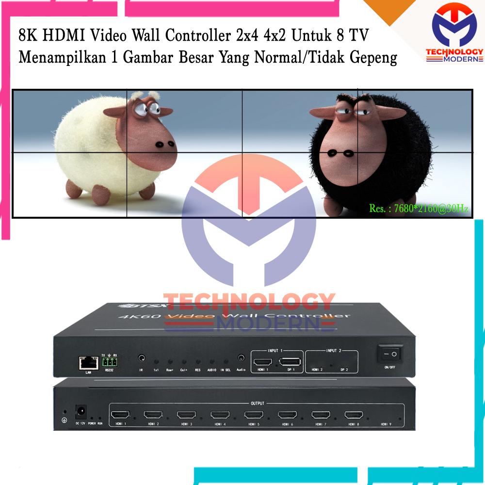 8K HDMI Videowall Controller 2x4 4x2 Untuk 8 TV (Menampilkan 1 Gambar Besar) Yang Normal/Tidak Gepeng