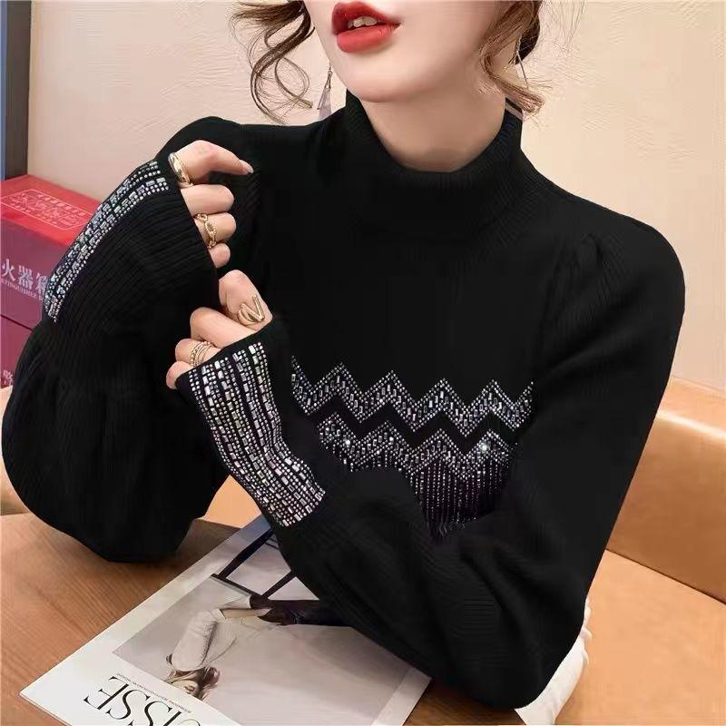 Product Introduction of Solid Color Diamonds Turtleneck  Sweaters Autumn Winter Female Commute Fashion Lantern Sleeve Thick Knitted Jumpers 10