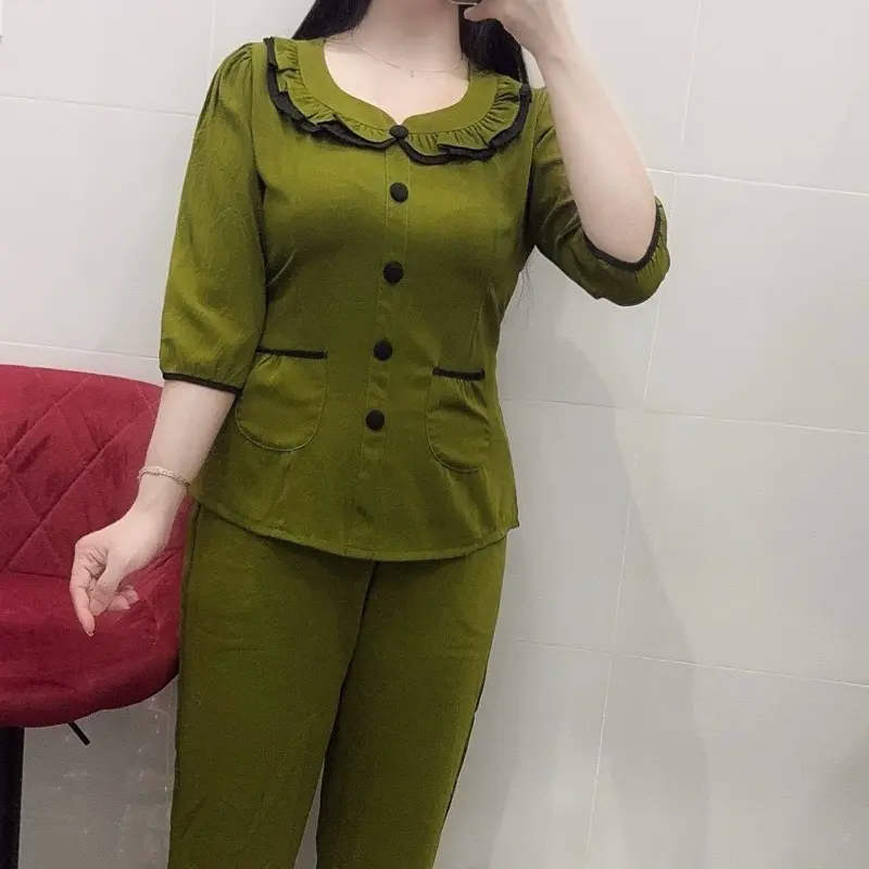 Đồ Bộ Nữ Áo Tay Lỡ Quần Dài, Vải Đũi Lạnh Mặc Mát, có Co Giãn, Nhiều Mầu Sắc Thanh Lịch Thích Hợp Cho Mọi Lứa Tuổi( Women) 8