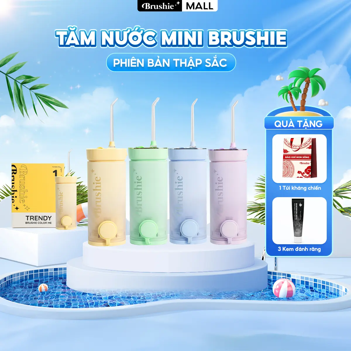 [SALE CHỚP NHOÁNG] Tăm nước Brushie Thập sắc - 10 màu sắc cá tính nhỏ gọn, tiện lợi hỗ trợ làm sạch hiệu quả [BẢO HÀNH 1000 NGÀY] - TẶNG túi kháng chiến + combo 3 kem đánh răng