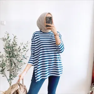 ARUMI BLOUSE STRIPE PREMIUM LENGAN PANJANG BAHAN KAOS KATUN MOTIF GARIS-GARIS LEHER OVAL FIT TO L XL XXL 3XL