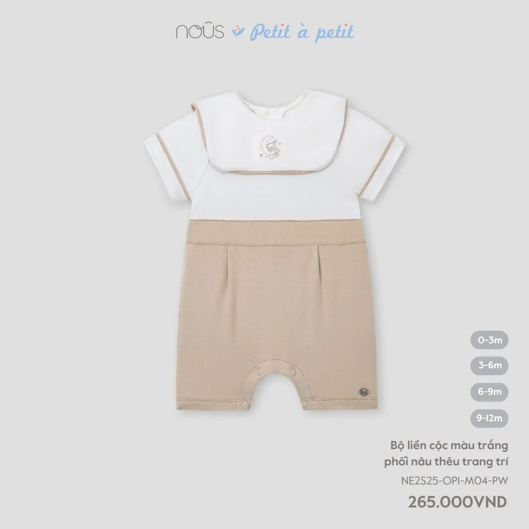 Bộ liền cộc màu trắng phối nâu thêu trang trí