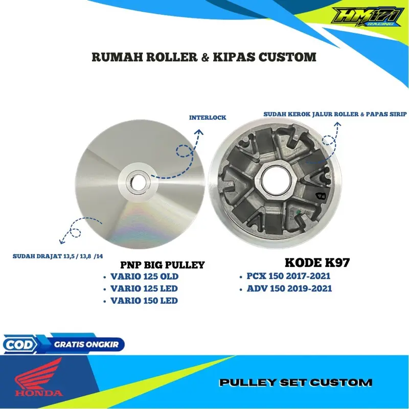 ￼rumah roller bubut custom pulley racing pcx 150 , adv150  13,5 13,8 kode K97 pnp bigpulley vario 125,vario 150  sudah kerok jalur roller