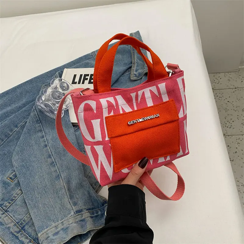Thai Gentle Woman Mini Letter Printed Handheld Canvas Bag with Contrast Color Casual Shoulder Bag