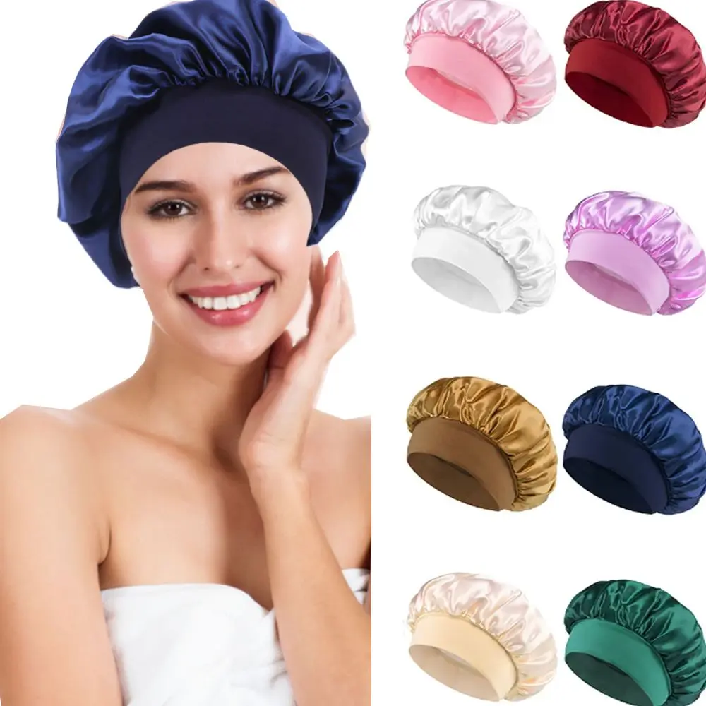 Convenient Soft Long Hair Care Bonnet Solid Satin Large Night Sleep Hat Elastic Edge Wrap Imitation Silk Satin Shower Caps for Women