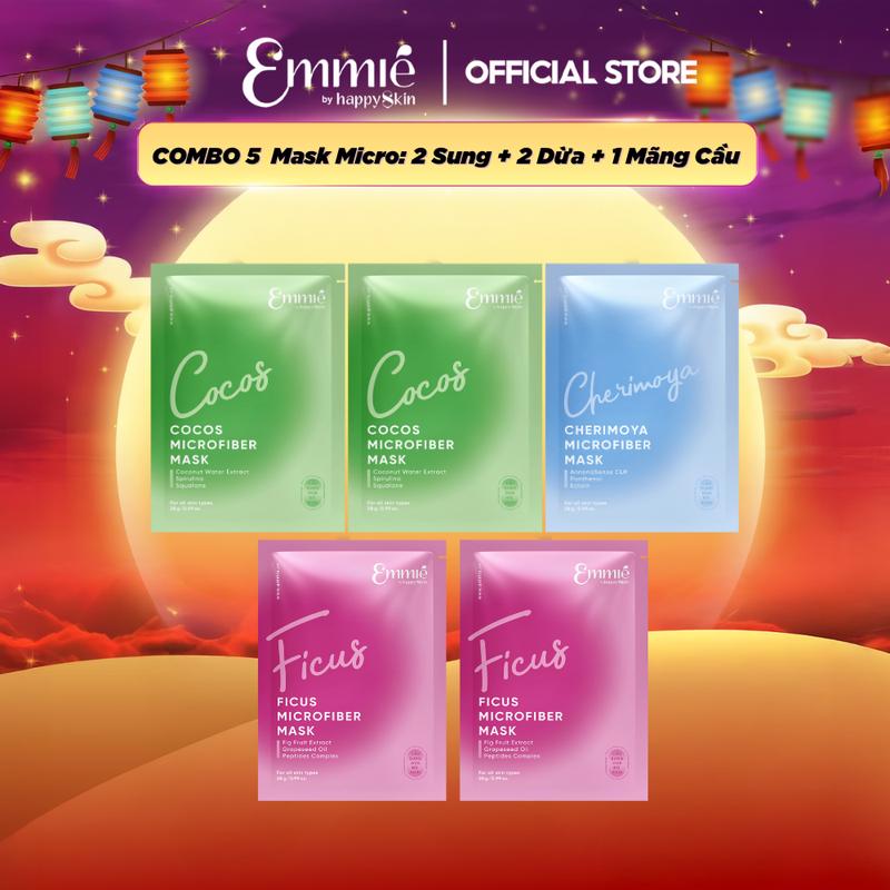 [Happyskinvn] Combo 5 Miếng Mask Microfiber Emmié by Happyskin : 2 Sung + 2 Dừa + 1 Mãng Cầu